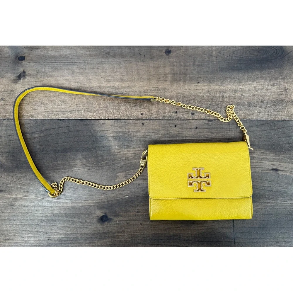 Tory Burch Britten Wallet on Chain Yellow Pebbled Leather Crossbody Bag Gold